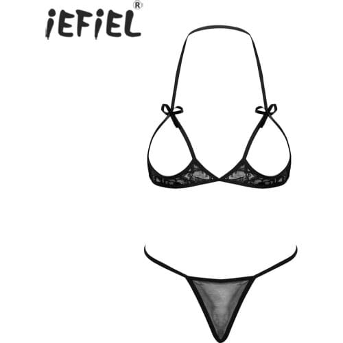 Women See-through Mesh Lingerie Set Sissy Clubwear Open Cup Bowknot Bra Tops with G-string Underwear Two-Piece Exotic Costumes