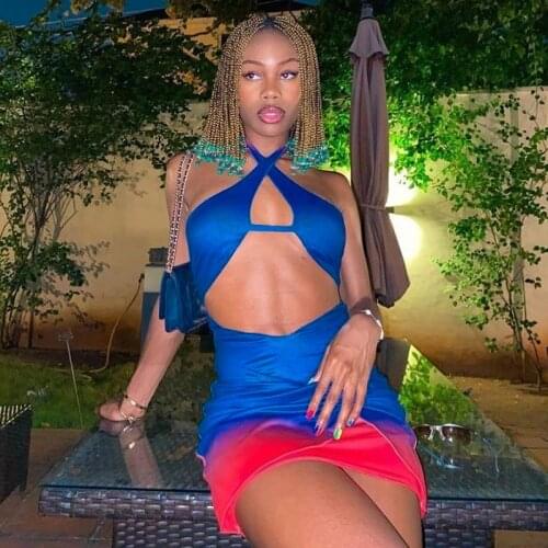 SEASONS 2021 Sleeveless Halter Hollow Out Sexy Mini Dress Summer Women Bandage Y2K Tie Dye Club Dresses Streetwear ASDR82794