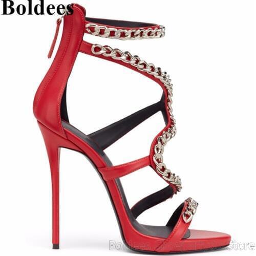 Red White Pu Leather 12cm Heeled High Heel Sandals Women Gold Chains Decor Zipper Stiletto Party Shoe