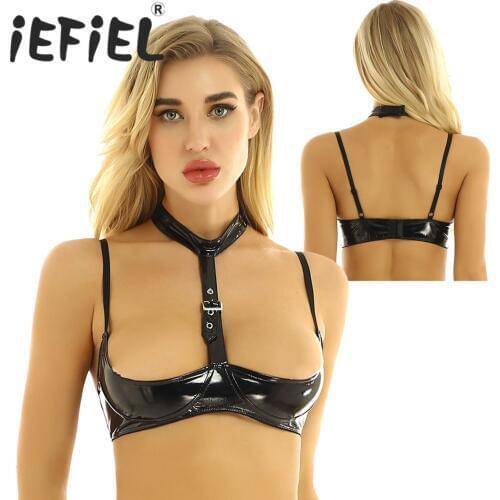 Sexy Womens Patent Leather Lingerie Halter Neck Adjustable Spaghetti Shoulder Straps Open Cups Wire-free Shelf Clubwear Bra Top