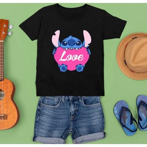 Korean Style Children Summer T-shirts Disney Printing Lilo & Stitch New Products Tshirts Black White Tees Fashion Casual T Shirt