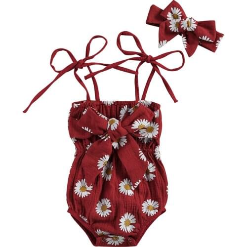 Infant Baby Girls Daisy Floral Printed Rompers Outfits Suits Tie Up Straps Bowknot Romper with Headband Bodysuits