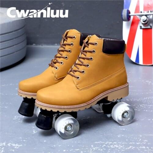 Luxury PU Leather Roller Sneakers Double Row Skate Woman Skating Shoes 4-Wheels Rollerblading Patines Outdoor Europe Size 36-46