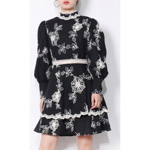 Lantern Sleeve Lace Flower Girl Summer Womens Dress 2021 Long Sleeve Hollow Out Dresses for Women Pink Yellow Short New Fashion