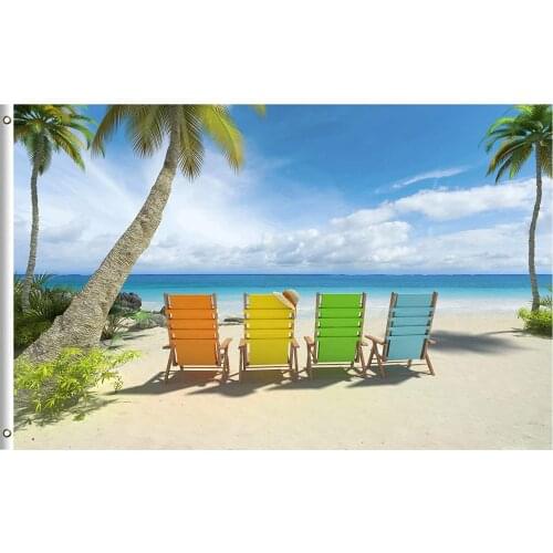 Summer Beach Tropical Colorful Chairs Palm Tree Sea Ocean Nature 3x5 Feet Flag, PolyesterFlag for Outdoor Indoor Home Decor