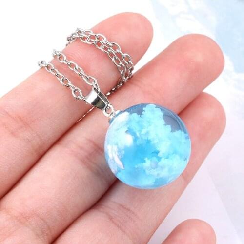 American and European Hot-sale Creative Blue Sky White Clouds Transparent Spherical Resin Pendant Necklace for Women or Girls