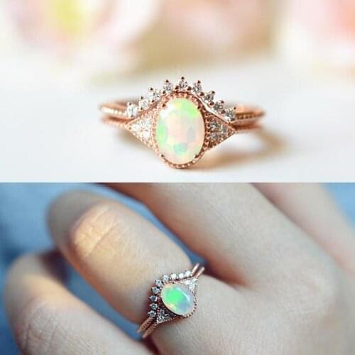 Rose Gold Color OPAL Cubic Zirconia Rings For Women Shining Big Opal Jewelry Two-layer Engagement Wedding Rings set