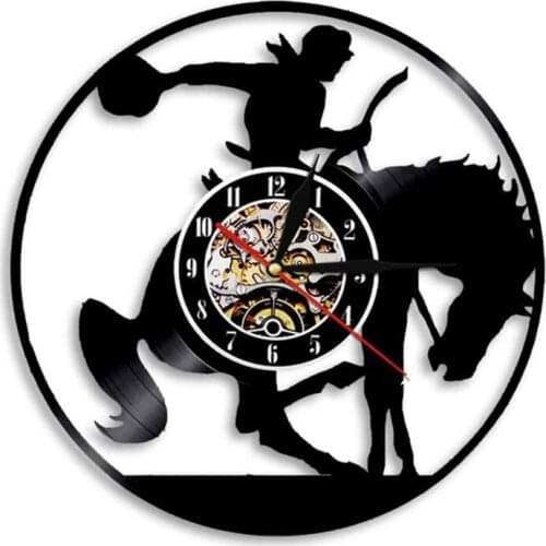 Cowboy Riding The Horse Wall Clock Horse Rider Vinyl Record Hanging Watches Vintage Equestrian Art Decor For Living Bedroom