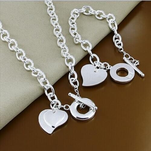 New 925 Sterling Silver Double Heart Brand Bracelet Necklace Chain 18 Inch Necklace 8 Inch Bracelet Set For Engagement Party Wed
