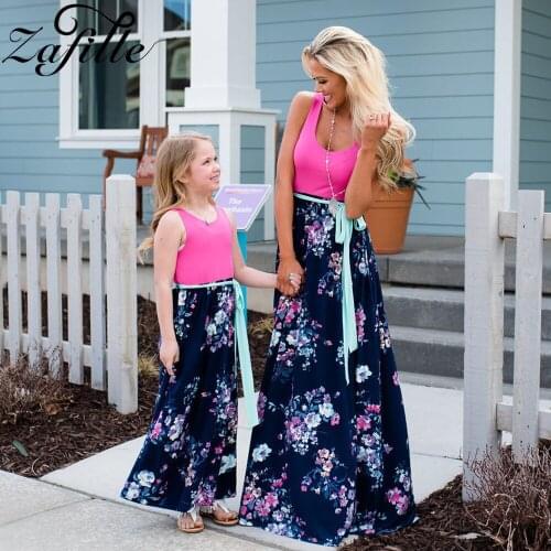 ZAFILLE Mom and Daughter Dress Ankle- Length Belted Floral Mother Daughter Dresses Summer Mommy and me Clothes Family Look