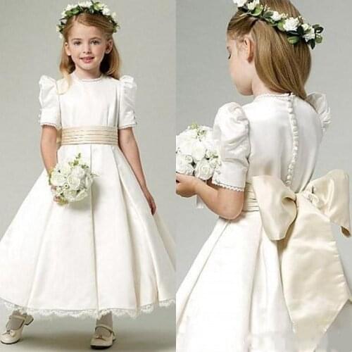 Vintage Flower Girl Dress Jewel Neck Ankle Length Bubble Short Sleeves Lace Hemline Ivory Satin Flower Girl Dresses With Champag