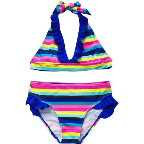 Fashion new trendy swimwear Teen Girls Rainbow Striped Two-Pieces Sleeveless Frill Swimwear Swimsuit Bikini Outfit L1223