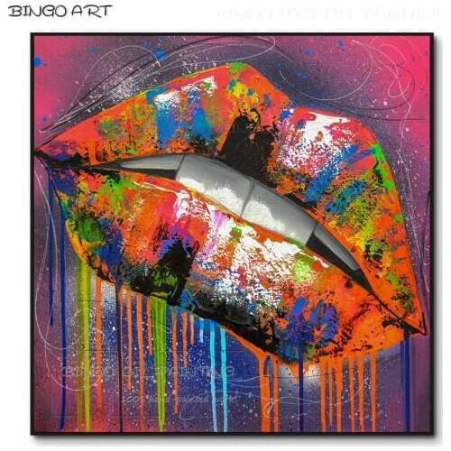 Unframed Hand-painted High Quality Modern Abstract Lip Oil Painting on Canvas Kinds of Colorful Lip Picture for Wall Decoration