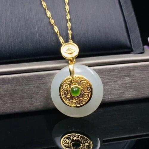 S925 Sterling Silver Ancient Gilding Inlaid Natural Hetian White Jade Pendant Meaning Safe and Happy Clavicle Chain Jewelry Wome