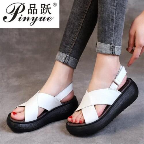 New Top Cowhide Breathable Leather Sandals Women Shoes Sandals Light Thick Bottom Wedges Sandals Summer Fashion Sandals