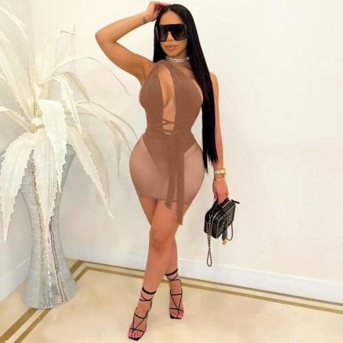 Sexy Deep V Neck Sheer Mesh Patchwork Lace Up Mini Women Summer Dress 2021 Sleeveless Bandage Club Party Bodycon Dress Holiday