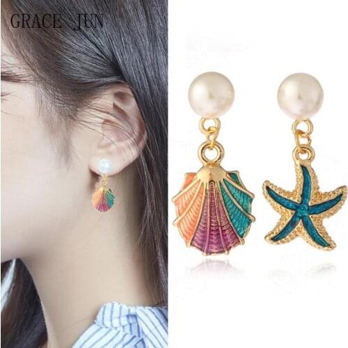GRACE JUN Gold Color Shell Star Stud Clip on Earrings Women Popular Student Pearl Earrings Jewelry Ear Cuff Fake Earrings New