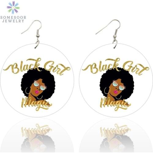 SOMESOOR Black Girl Magic AFRO Hoops Woman Wooden Drop Earrings African Natural Hair 6cm Flat Round Printed Wood Jewelry Gifts