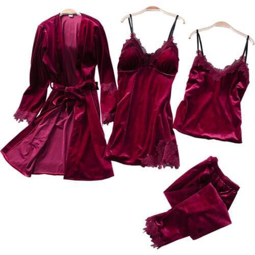 Dark Red Spring velvet Strap Top Pants Suit Pajamas 4PC Sleepwear Sets Womens Home Wear Nightwear Kimono Robe Bath Gown Bathrob