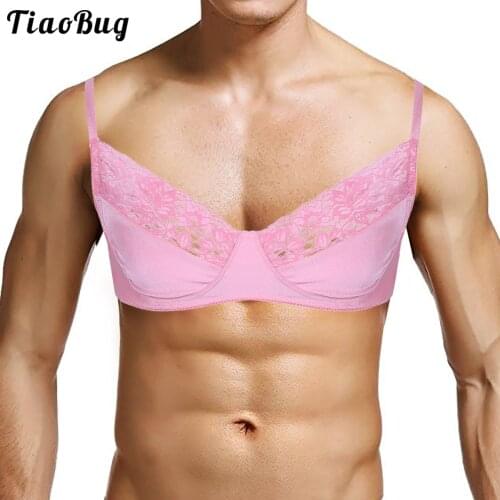 TiaoBug Mens Sissy Lingerie Bralette Smooth Fabric And Lace Wire-Free Bra Top With Adjustable Shoulder Straps