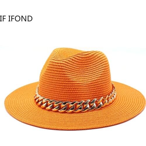 Spring Summer New Style Straw Hat With Big Chain Decoration Wide Brim Ladies Vacation Beach Sun Hat Jazz Trilby Cap Sombrero
