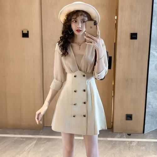 Spring and summer New Elegant V-Neck Mesh A-Line Dress Women Korean Style Double Breasted Mini Dress Long Sleeve Party Dresses