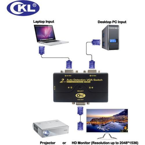 CKL 2 Port VGA Switch with Auto Detection 1 Monitor 2 Computers Video Switcher Supports 2048*1536 DOS Windows Linux Mac CKL-21A