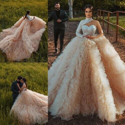 Vintage Sequines Ball Gown Wedding Dresses Luxury Tiered Ruffles High Collar Long Sleeve Bridal Gowns Backless Garden Wedding