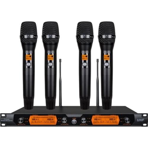 VMEQO GB400 Metal Material 4-Channel UHF Wireless Microphone System with 4 Hand-held for Stage Church Family Party Small Karaoke