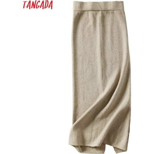 Tangada Women solid long skirts knit stretch high waist korean style ladies black pencil skirt faldas mujer moda 2019 AQX05