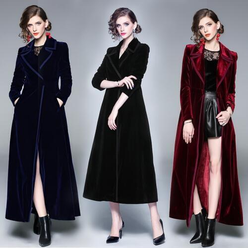 Womens Velvet Navy Blue Black Wine Red Long Windbreaker Jacket Female Coat Women Manteau Femme