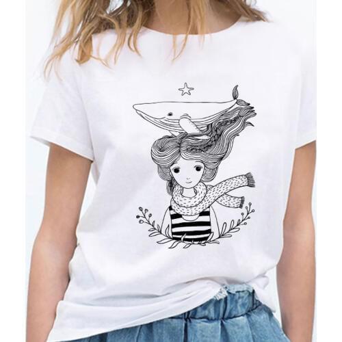 T shirt women Hand drawn girl Printed Harajuku hipster t-shirt White Thin section Korean Short Sleeve Tshirt femme Tops clothing