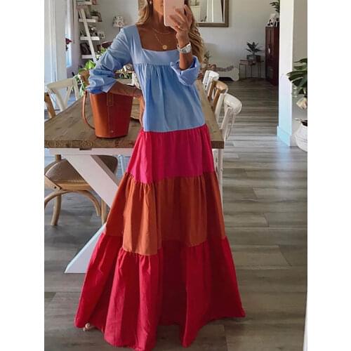 Women Vintage Long Sleeve Patchwork Pleated Dresses Ladies Sexy Slash Neck Loose Party Dress Autumn Casual Female Dress Vestidos