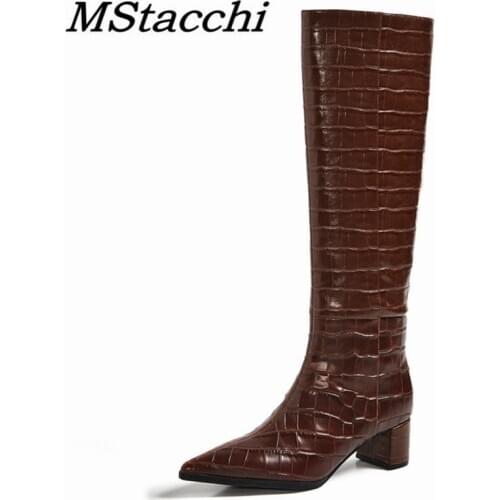 Mstacchi Crocodile Print Pointed Square Heel Women High Boots 2020 New Genuine Leather Retro Fashion Ladies Shoes Buty Damskie