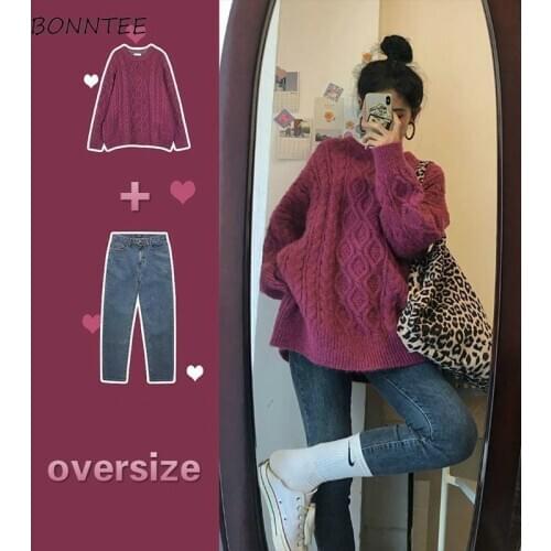Sets Women Two Piece Large Size 4XL Loose Cozy Sweater Simple Chic Round Neck Jeans Korean Style Students Mujer De Moda Ulzzang
