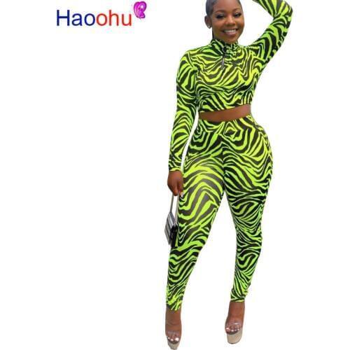 Sexy Zebra Pattern Two Piece Set Long Sleeve Zipper Crop Top + Pants Suit Streetwear Women Clothing 2 Piece Club Outfits