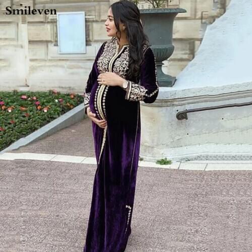 Smileven Morocco Caftan Evening Dresses Pregnant woman Prom Dress Velvet Long Sleeve Formal Evening Party Dress Plus Size