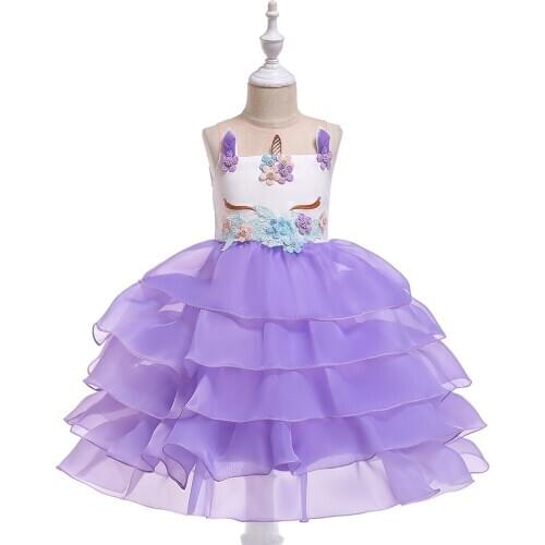 2019 Girls Unicorn Layered Dress Children Festival Clothes 5 Years Girls Embroidery Flowers Mesh Dresses Vestidos Birthday Dress