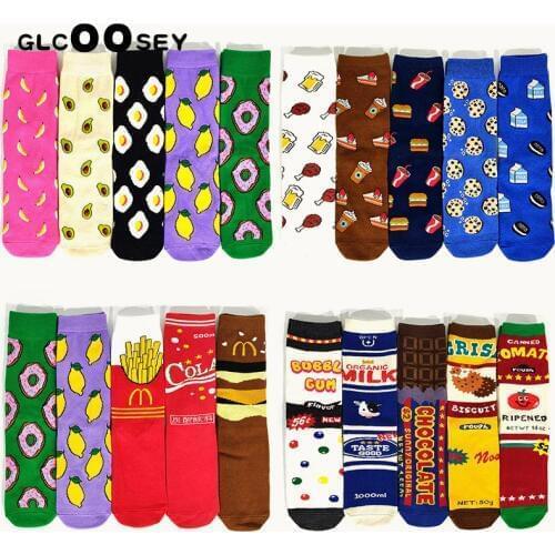 5Pairs/Pack Women Socks Funny Cute Cartoon Fruits Banana Avocado Lemon Egg Cookie Donuts Food Happy Japanese Harajuku skateboard