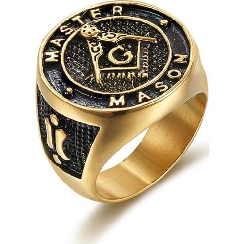 8 to 13 size Punk gold color Masonic Ring For Men Vintage round Rhinestone Ring Classic Jewelry AG Freemason Gold Anel Bagues