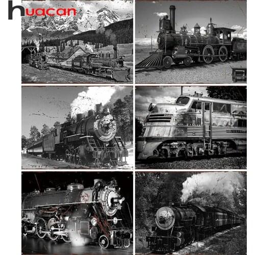 Huacan Diy Diamond Painting Train Home Decor Mosaic Black White Car Scenery Embroidery Cross Stitch Diamond Art