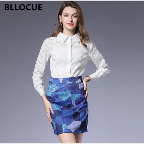 BLLOCUE 2019 Autumn New Women Two-Piece White Lace Long-Sleeved Lapel Hollow Shirt +Fashion Geometric Print Short Skirt Suits