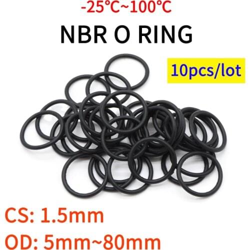10pcs Black O Ring Gasket CS 1.5mm OD 5mm ~ 80mm NBR Automobile Nitrile Rubber Round O Type Corrosion Oil Resist Sealing Washer