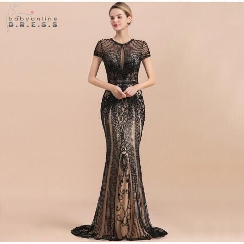 Luxury Pearls Mermaid Long Evening Dress 2021 Sexy Illusion Party Dress O Neck Evening Prom Gowns Women Vestido de Festa