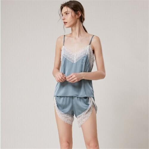 Home service suit sexy suspenders pajamas women summer thin shorts two-piece suit lace temptation backless nightgown new arrival