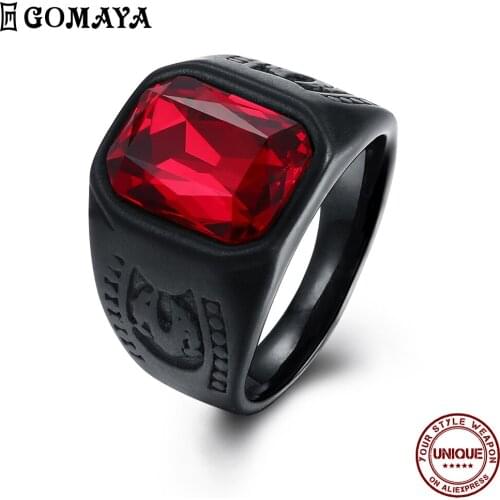 GOMAYA Vintage 316L Stainless Steel Men Rings Punk Neo-Gothic Round Big Red Glass Ring Party Fashion Jewelry Free Shipping