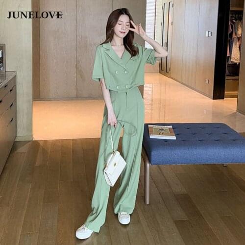 HStar 2020 New Summer Two Piece Set Vintage Women Double Breasted Short-sleeve T Shirts + Preppy Casual Wide Leg Pants Suit