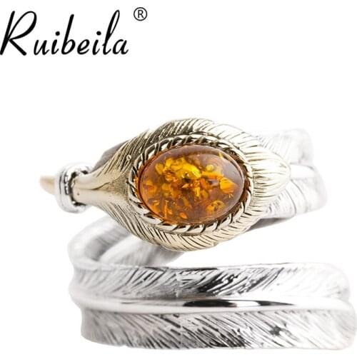 RuibeilaS925 Silver fashion yellow stone open feather size adjustable men and women lovers ring gift R01010584