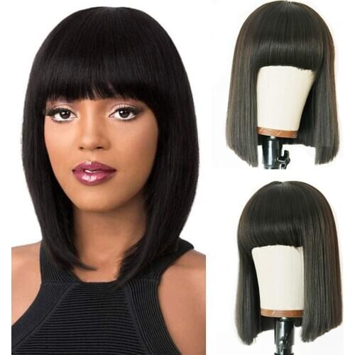 MISS LISA Short Bob Wigs With Bangs Straight Human Hair Wigs For Black Women Full Machine Non Lace Wigs Natural Color Non Remy