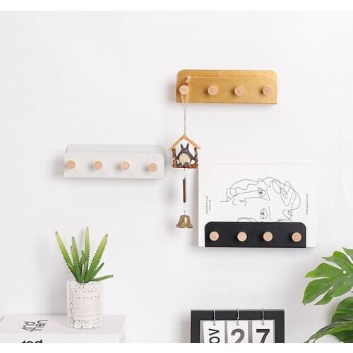 Nordic Wooden Iron Wall Shelf with 4 Hook Key Rack Wall Mounted Storage Rack Organization For Bedroom Home DIY Wall Decor Holder
